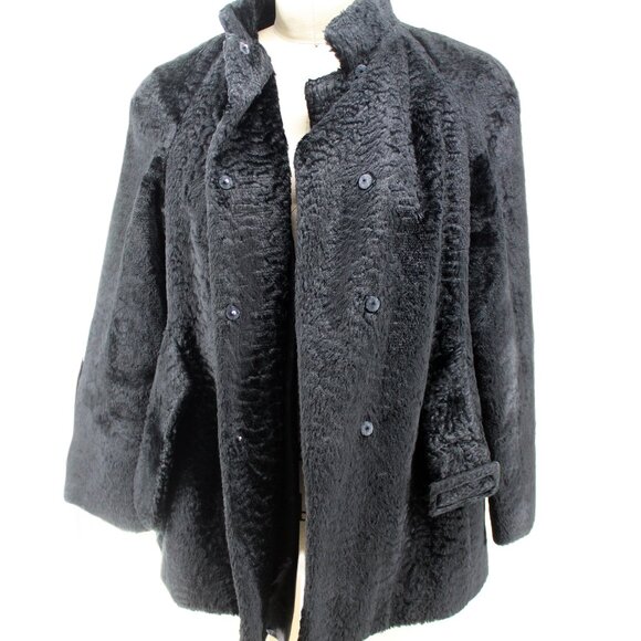 VTG 50s 60s Faux Fur Jacket Black Belted Satin Lined Stand Collar Swing Coat M - Picture 7 of 16